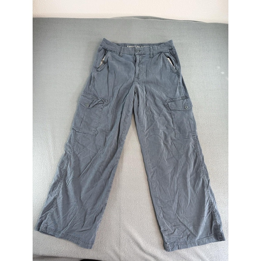 American Eagle Mid-Rise Baggy Wide Leg Cargo Pants Womens 8 Gray Lyocell Stretch